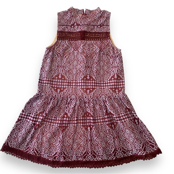 Lulus Belrose Sleeveless Mock Neck Burgundy Lavender Lace Mini Drop Waist Dress - Picture 2 of 12